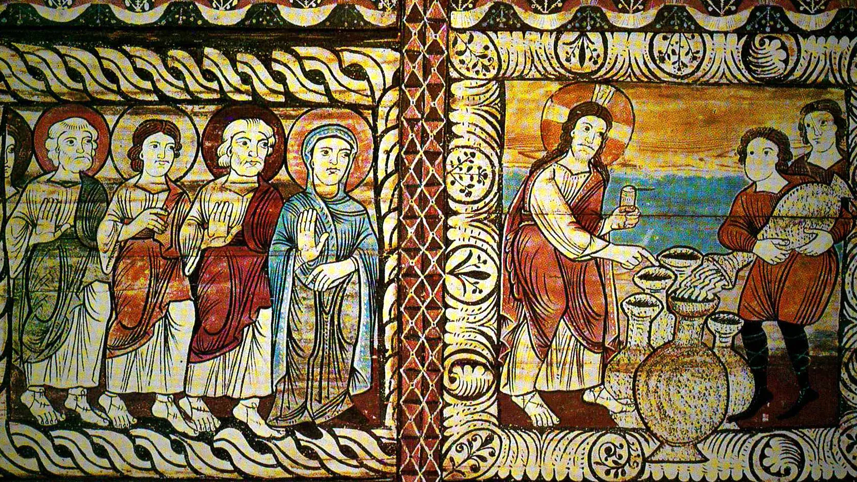 Les noces de Cana, peinture romane vers 1150, canton des Grisons.