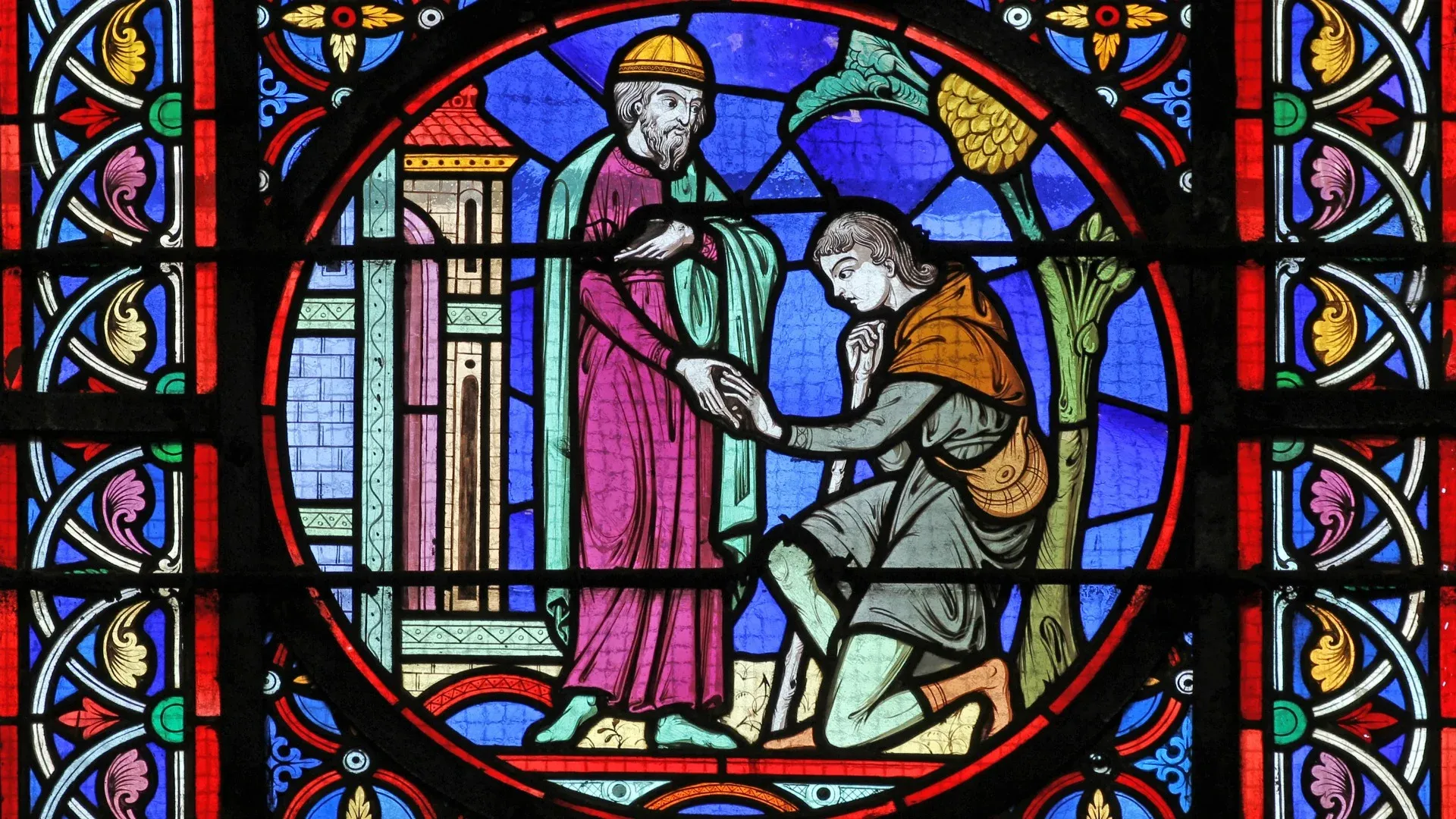 Le retour du fils prodigue. Détail d'un vitrail de la basilique du Sacré-Coeur de Paray-le-Monial