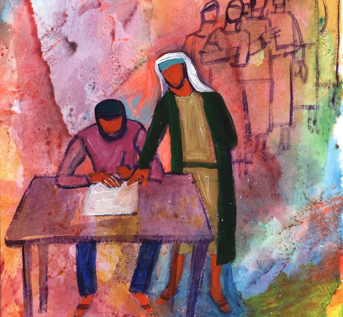 Le gérant lui dit : “Voici ton reçu ; vite, assieds-toi et écris cinquante.” Luc 16, 1-13. (Illustration: Bernadette Lopez/Evangile et peinture)