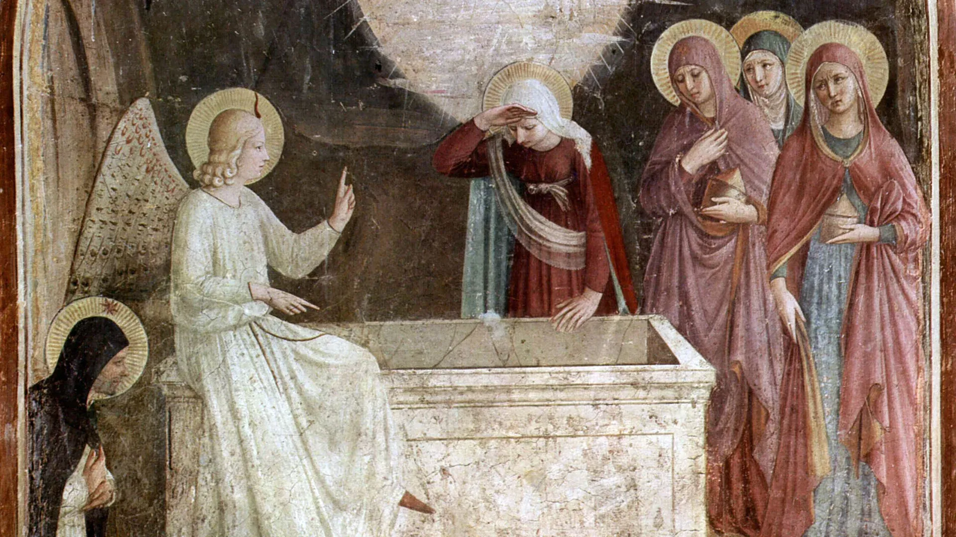 “La découverte du tombeau vide“. Par Fra Angelico, fresque vers 1437-1446, détail. Musée national San Marco, Florence.